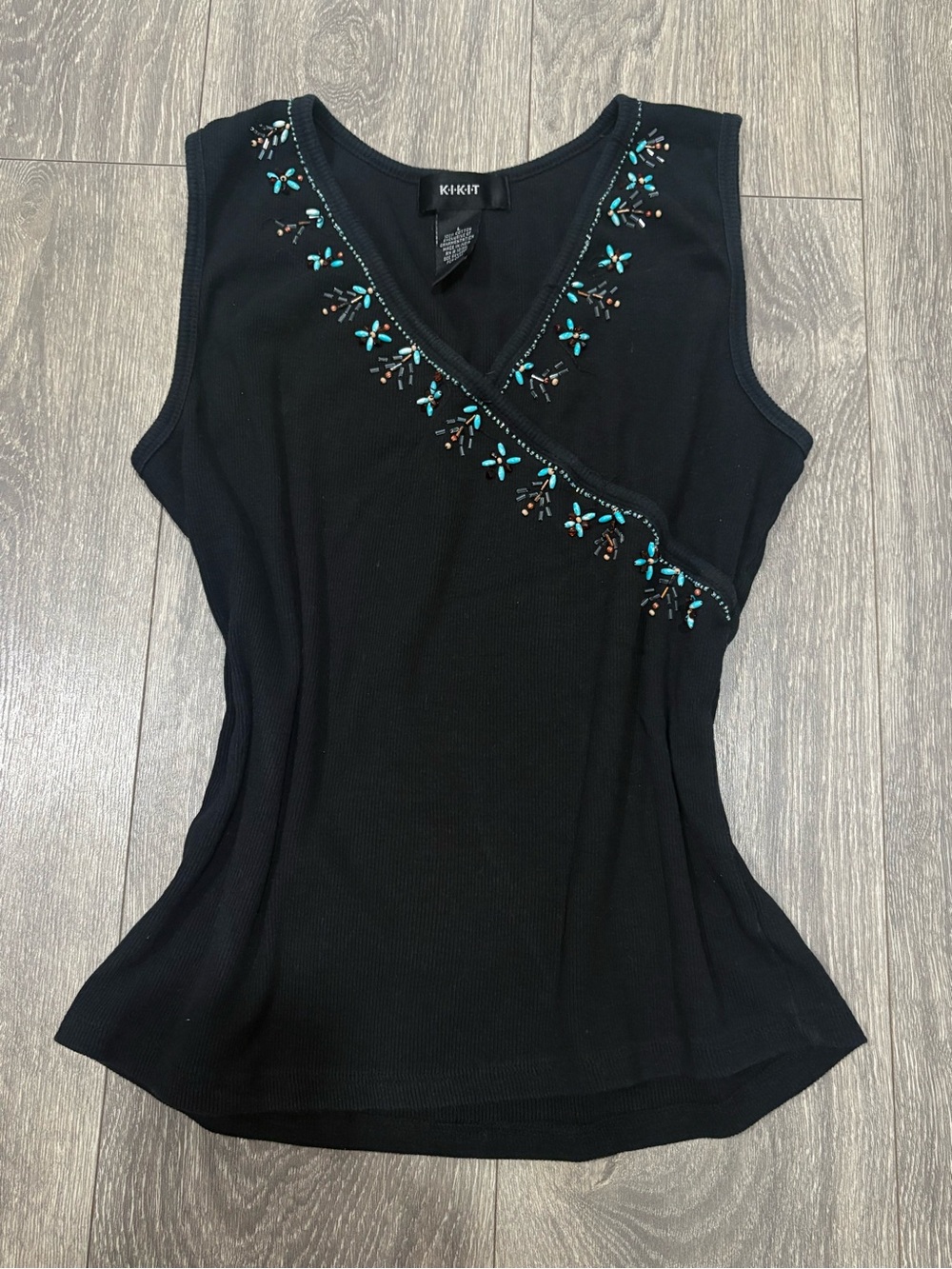 Karen Scott Black Sleeveless V-Neck Tank with Turquoise & Brown Embroidery